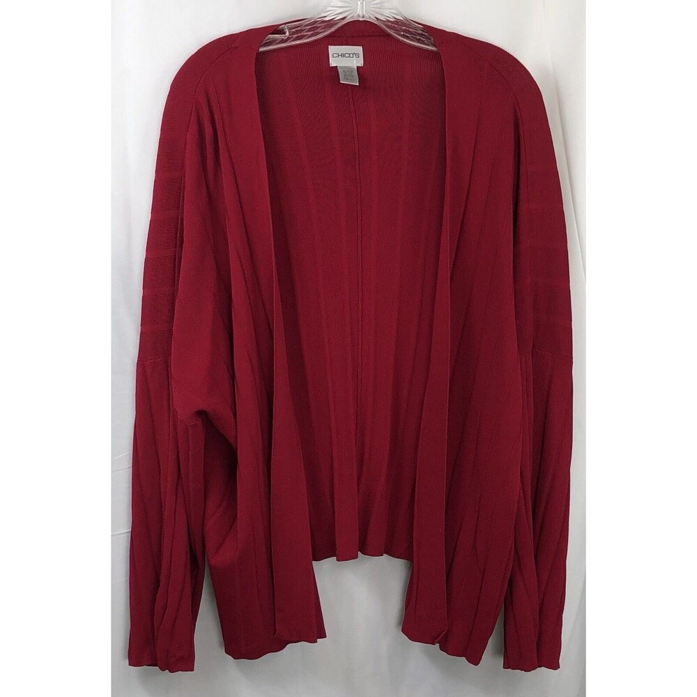 Chicos Knit Cardigan Sweater M/L Dk Red 3/4 Sleeve Cottage Office Career
